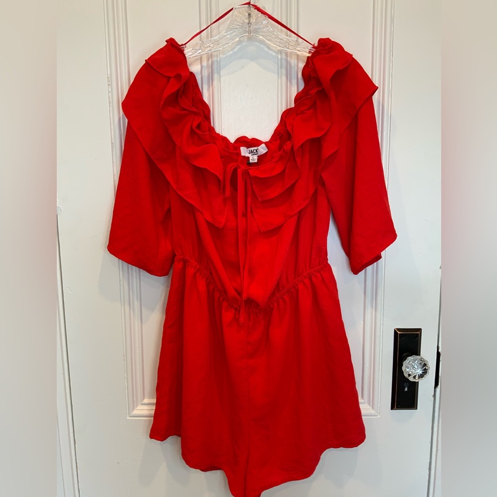NWT Jack by Bb Dakota Showstopper Red Ruffled Off-the-Shoulder Romper. Size L